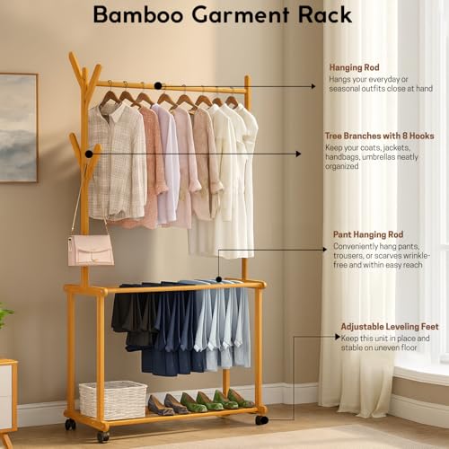 LEOPAX Rolling Coat Rack, Bamboo Garment Rack, Clothes Hanging Rail With 2 Shelves 4 Hooks for Shoes, Hats & Scarves, Clothes Stand For Hallway, Living Room, Guest Room (Size : 80x37x175cm) - Beige - Image 4