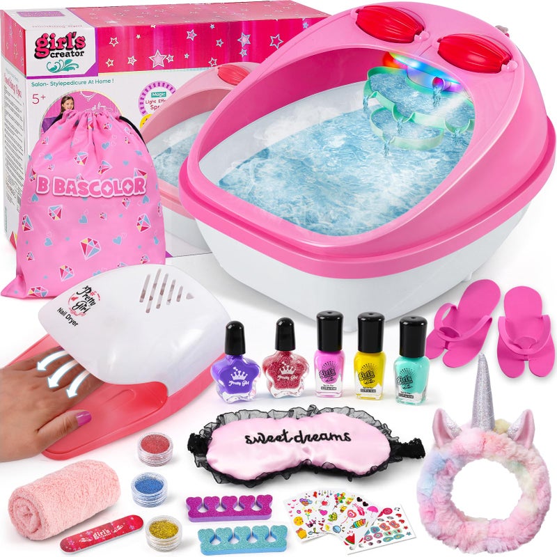 B Bascolor Kids Foot Spa Nail Kit Set Kids Spa Day Kit for Girls Massage Foot Soak Tub and Nail Dryer Manicure Pedicure Art Salon Girl Gift for 512 Christmas Birthday Gifts