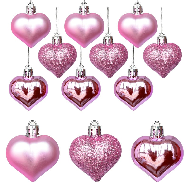 Tindobewan 12Pcs Heart Ornaments Multi Finish Heart Baubles Hanging Ornaments for Valentineâ€™s Day Decor Mother's Day Christmas Tree Wedding Anniversary Party Decoration(Pink) - Image 1