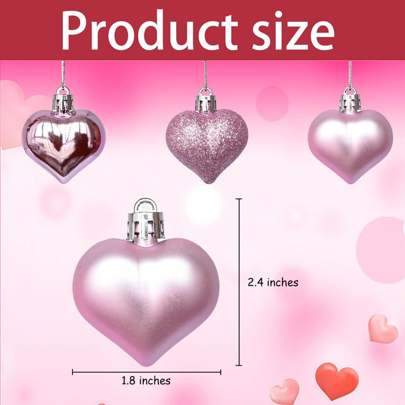 Tindobewan 12Pcs Heart Ornaments Multi Finish Heart Baubles Hanging Ornaments for Valentineâ€™s Day Decor Mother's Day Christmas Tree Wedding Anniversary Party Decoration(Pink) - Image 2