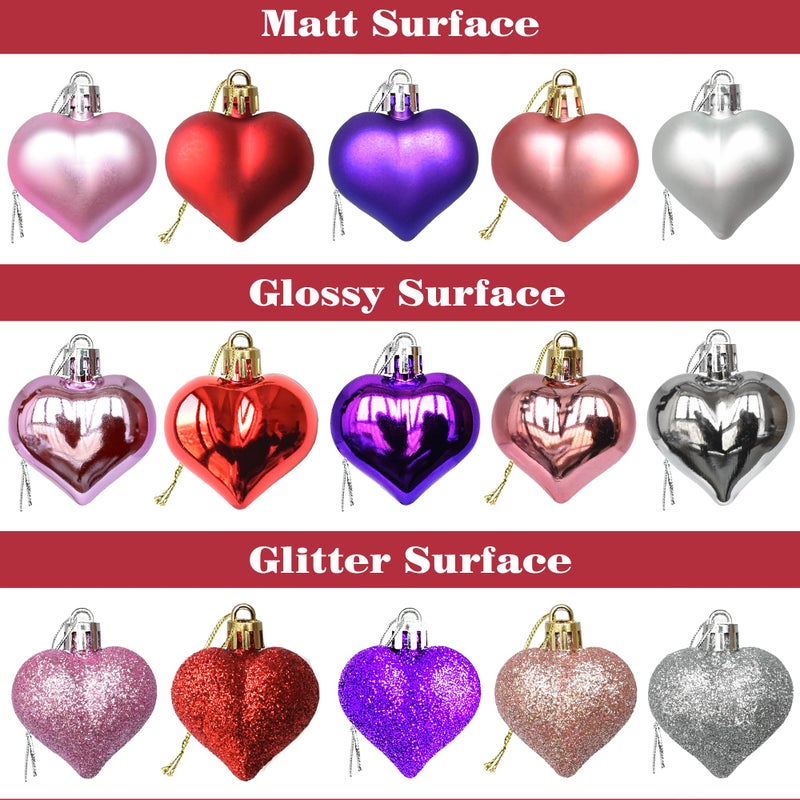 Tindobewan 12Pcs Heart Ornaments Multi Finish Heart Baubles Hanging Ornaments for Valentineâ€™s Day Decor Mother's Day Christmas Tree Wedding Anniversary Party Decoration(Pink) - Image 3