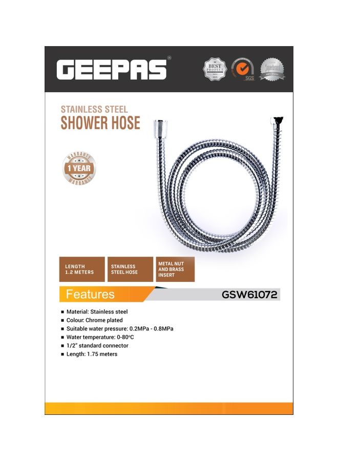 GEEPAS Stainless Steel Shower Hose| 1.75 Meters Long, With Metal Nut And Brass Insert And 1/2-Inch Standard Connector| Perfect For Shower Head| Chrome Plated, 1 Year Warranty Silver - Image 2