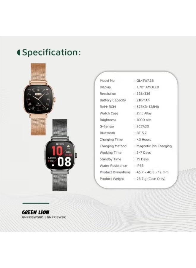 GreenLion Green Lion Princess Smart Watch, 1.70" AMOLED Display, 336x336 Resolution, 1000 Nits Brightness, Bluetooth 5.2, Heart Rate & Blood Pressure Monitoring, IP68 Waterproof, Glossy Black - Image 3