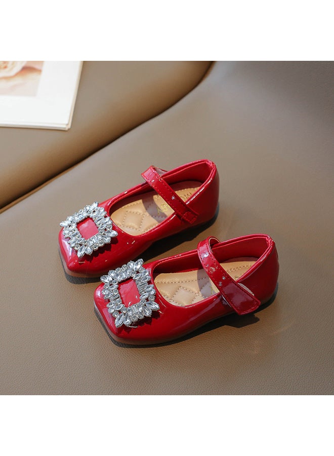 Korean Style Retro Rhinestone Square Buckle Girls' Princess Shoes  New Patent Leather Square Toe Flat Granny Shoes Children's Single Shoes