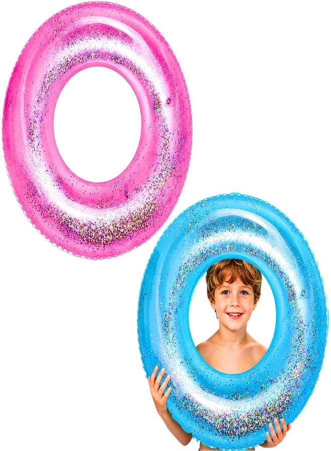 WSepascI Inflatable Pool Floats, 2 Pack Swim Tubes Rings, Resistant Sparkly Confetti Tube Water Toys for Kids Lake Games Hawaiian Beach Summer Swimming Pool Party Favors Decorations, Pink and Blue - Image 1