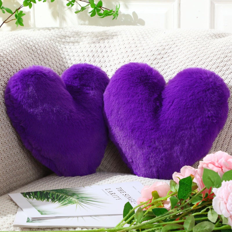 Marsui 2 Pcs Heart Shaped Throw Pillows, Soft Fluffy Faux Fur Decorative Hearts Pillows for Sofa Bed, Cute Heart Themed Gift for Girls Women(Royal Purple,11.81 x 11.02 Inch) - Image 1