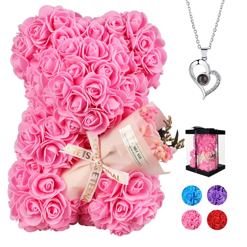 K KYMAKE Rose Bear Birthday Gifts for Women,Flower Bear Rose with I Love You Necklace 100 Languages,Anniversary Christmas,Gifts for Grandmother Girlfriend gifts,Valentines Gifts for Her (Pink) - Image 1