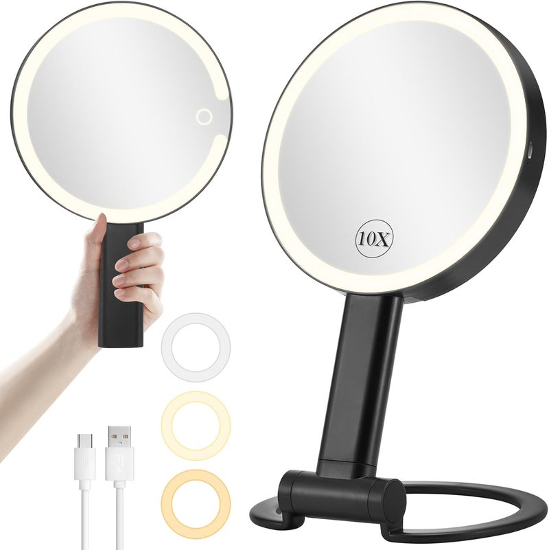 Alhakin Travel Makeup Mirror with Lights, Rechargeable 1X/10X Magnifying Mirror with Light, Portable Double Sided Lighted Vanity Mirror with 3 Color Dimmable Lights, Hand Held Mirror Hanging Tabletop 