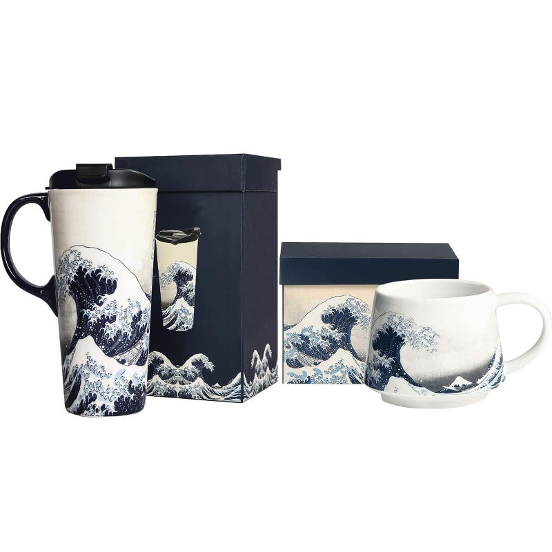 DUSVALLY Ceramic Mug Large Coffee Cup Travel Coffee Mugs Latte Tea Cup with Lid and Handle 12oz and 17oz2 PackSea Wave