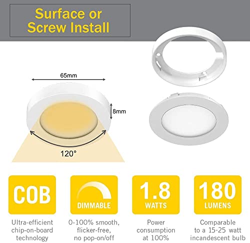 VST Under Cabinet Lights Plug in with Wired Touch Dimmer Switch,Recessed or Surface Mount,Natural White 3000K 12V 2W(12W Total, 60W Equivalent),6 Pack White Puck Lights Fixtures - Image 2