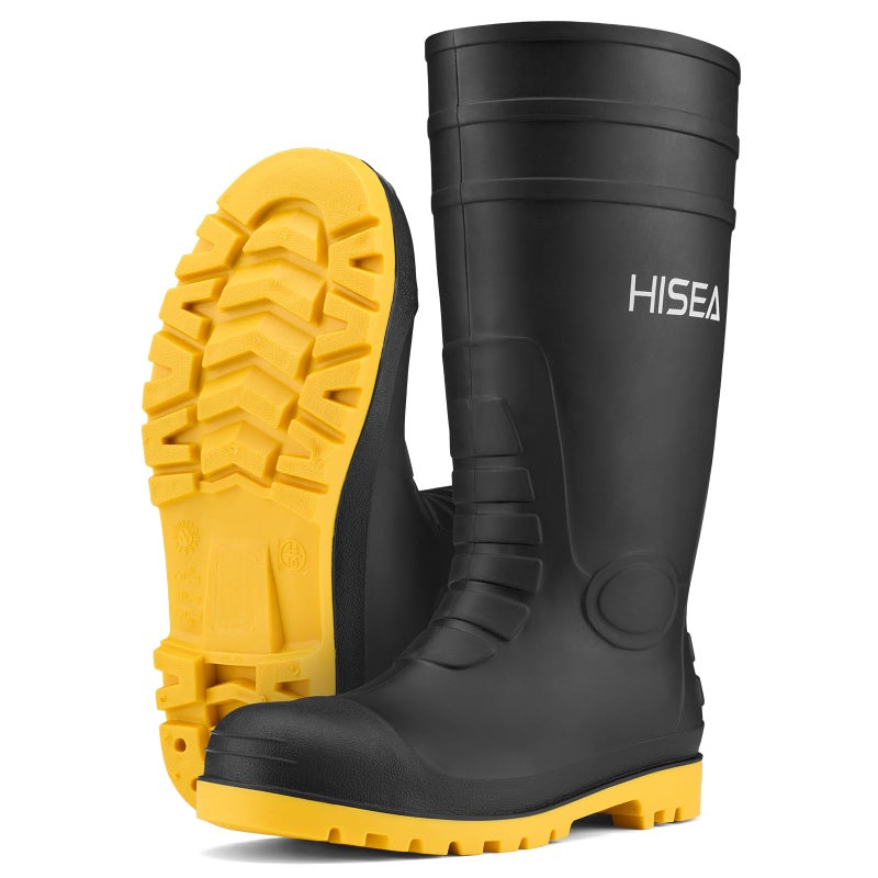 HISEA Men's Steel Toe Rain Boots PVC Rubber Boots, Waterproof Garden Fishing Outdoor Work Boots, Durable Slip Resistant Knee Boots for Agriculture and Industrial Working, Black/Yellow Size 10 - Image 1