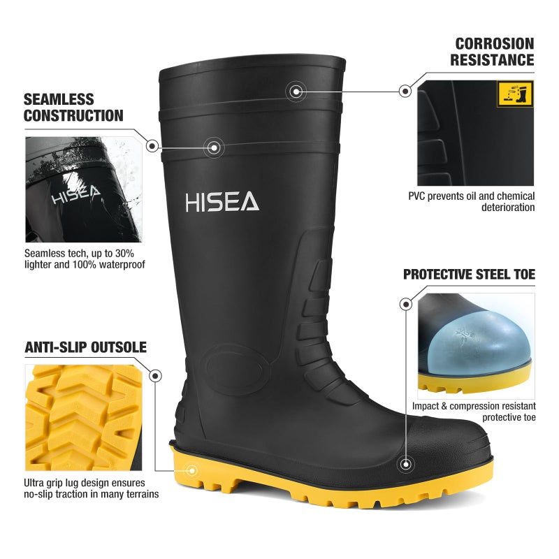 HISEA Men's Steel Toe Rain Boots PVC Rubber Boots, Waterproof Garden Fishing Outdoor Work Boots, Durable Slip Resistant Knee Boots for Agriculture and Industrial Working, Black/Yellow Size 10 - Image 2