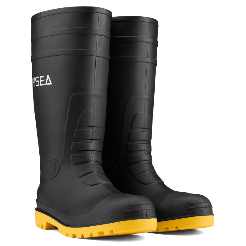 HISEA Men's Steel Toe Rain Boots PVC Rubber Boots, Waterproof Garden Fishing Outdoor Work Boots, Durable Slip Resistant Knee Boots for Agriculture and Industrial Working, Black/Yellow Size 10 - Image 4