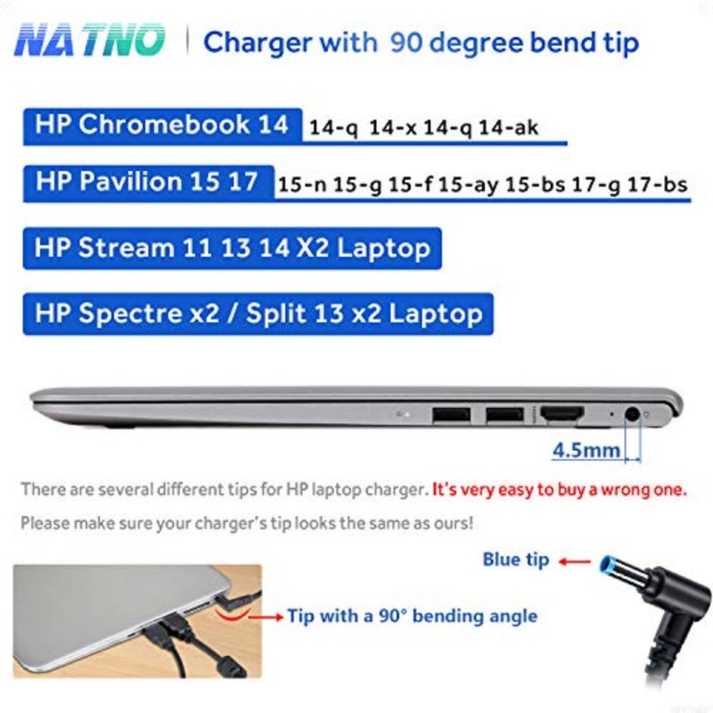 محول تيار متردد للكمبيوتر المحمول HP Pavilion X360، Chromebook، Envy، Stream، ProBook، EliteBook 65W/45W، 19.5V، سلك طاقة ذو طرف أزرق - Image 4