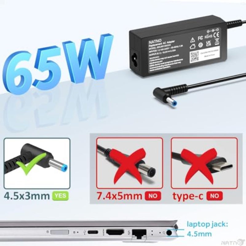 محول تيار متردد للكمبيوتر المحمول HP Pavilion X360، Chromebook، Envy، Stream، ProBook، EliteBook 65W/45W، 19.5V، سلك طاقة ذو طرف أزرق - Image 2