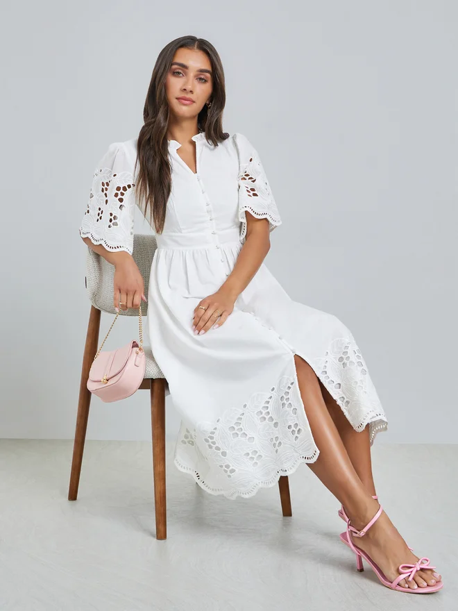 Styli White Cotton Schiffli Midi Dress