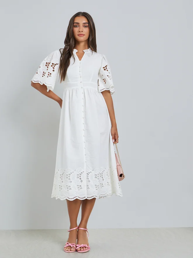 ستايلي Styli White Cotton Schiffli Midi Dress