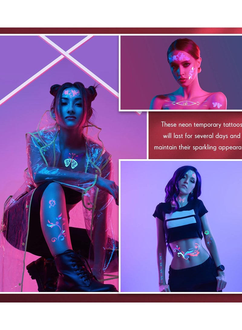 12 Sheets of Large Glow in the Dark Butterfly Temporary Tattoos - Neon UV Blacklight Makeup for Women, Perfect Festival Accessory and Party Supplies. - Image 3