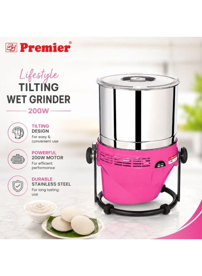 Premier Lifestyle Tilting Wet Grinder PG502 2 LTR 230 V | Pink | Innovative Tilting Design, Powerful 200W Motor, Stylish Finish, Ideal for Grinding Batters, Pastes & Spices | 5 Years Motor Warranty - Image 3