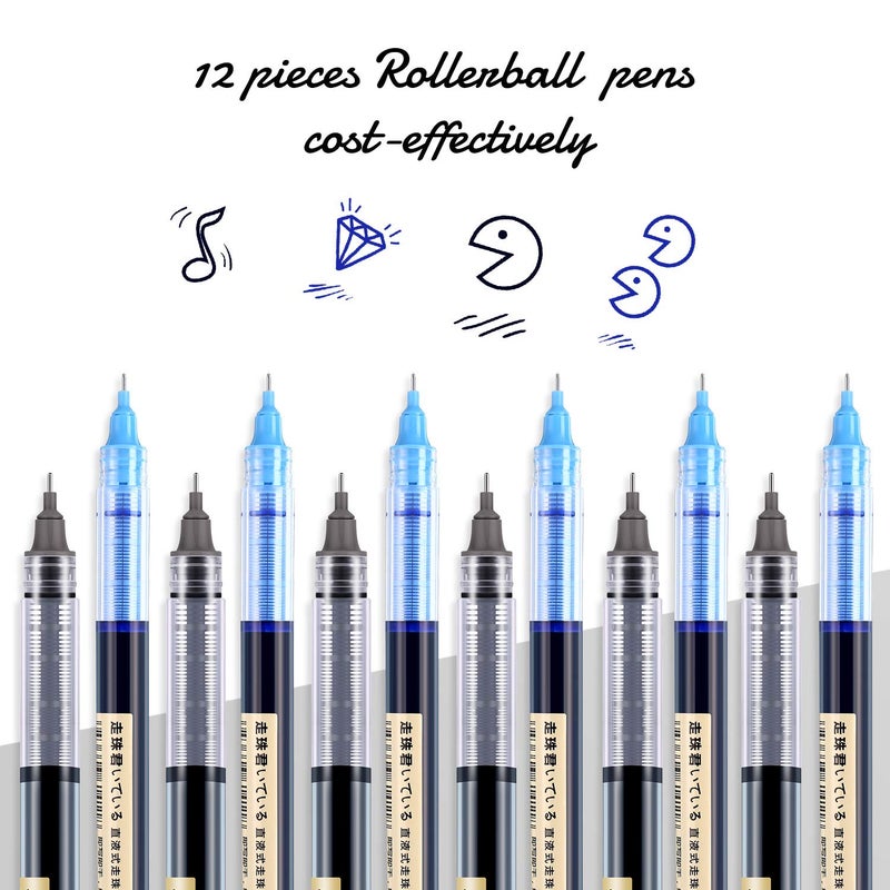Frienda 12 Pieces Rolling Ball Pens 0.5 mm Japanese Quick Drying Fine Point Pens Liquid Ink Smooth Writing for Office Student Back to School Supplies(Black and Blue) - Image 3