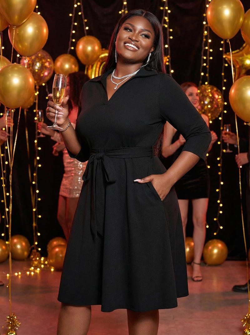 FANDEE Women's Midi Dress Plus Size 3/4 Sleeves V Neck Cocktail Party Dress Curvy Wrap Sexy Black Dresses with Belt 4XL - Image 2