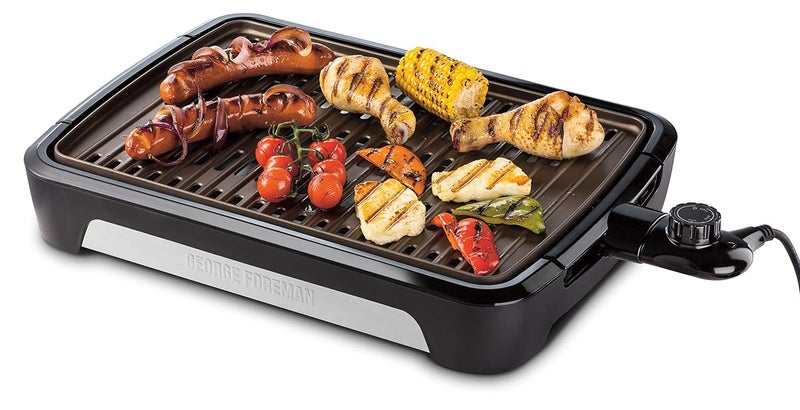 George Foreman George Foreman 1350W Smokeless Indoor Outdoor Electric BBQ Grill NonStick PFOAFree Temp Control Removable Dishwasher Safe Plates Burger Griller Steaks Veggies Panini more 2585056  - Image 1