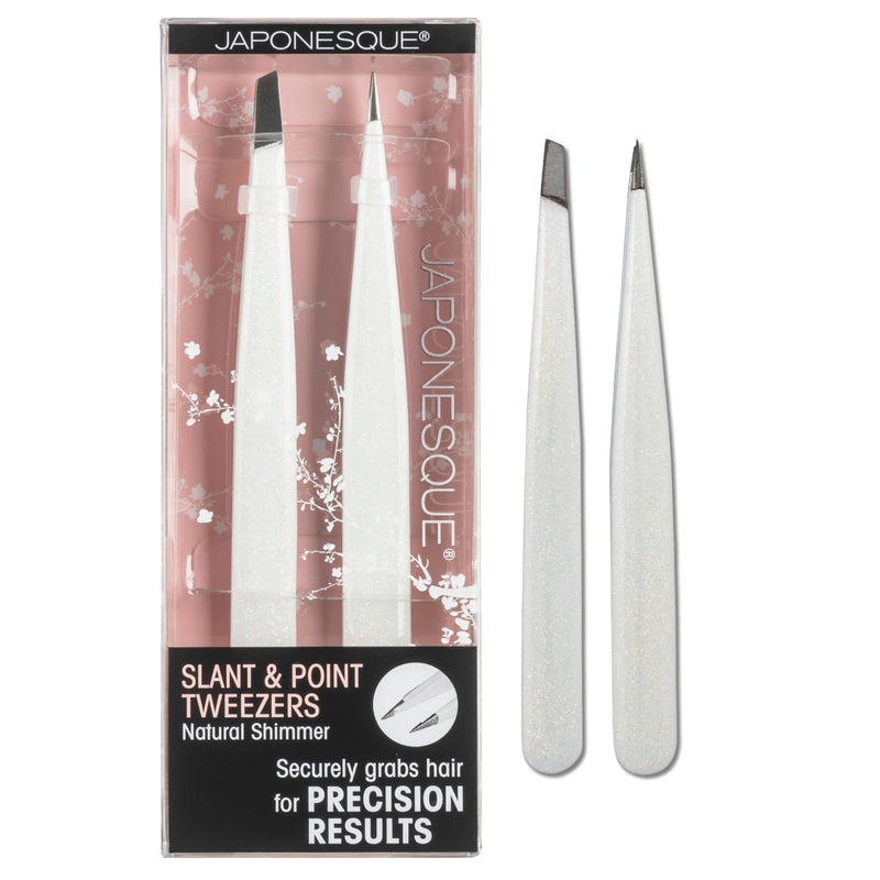 JAPONESQUE Pointed  Slant Tweezers Natural Shimmer Set Precision Crafted Hand Sharpened Tips for Shaping and Defining Brows