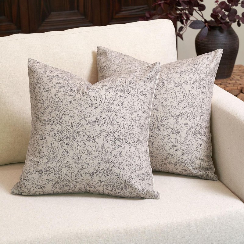 Amor Virisso Floral Throw Pillow Covers 24x24 Set of 2 Vintage Block Print Pillow Covers Decorative Pillow Covers Couch Pillows for Living Room Farmhouse Accent Sofa Pillows, Black/Sand - Image 1