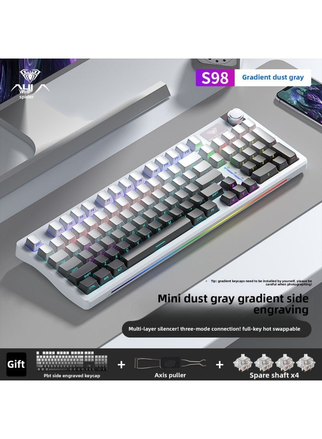 S98 Wireless Mechanical Keyboard Customized Three-mode E-sports Game Keyboard And Mouse Suit Hot Plug Office Dedicated-Color:Blue Axis - Dust Gray [gradient Side Engraving] Comes With: Dust Cover + Full-page White Keycaps - Yes - 96 Keys  - Image 1