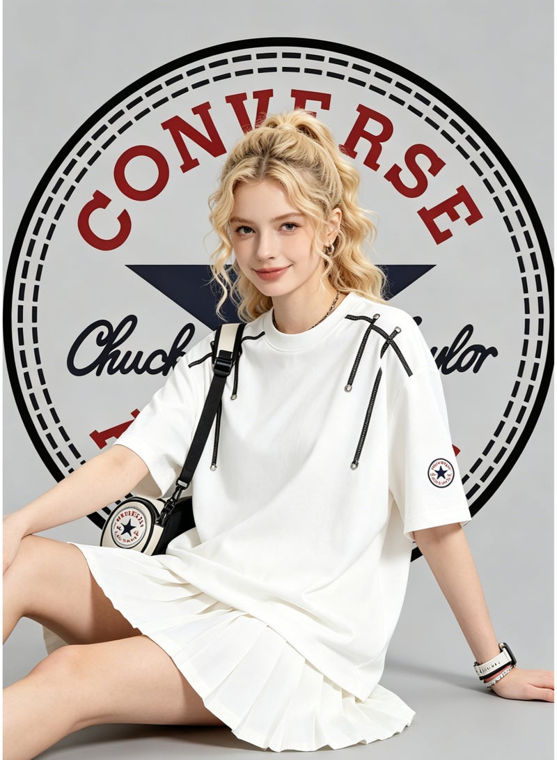 كونفرس قميص Converse للجنسين بكم قصير وتصميم برشام، ملابس كازوال عصرية - أبيض - Image 4