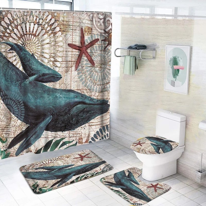 Bluejw 4 Piece Hot Selling Polyester Waterproof  Sea Turtle Design Shower Curtain Set with Rug for Bathroom Hot Sale - Image 5