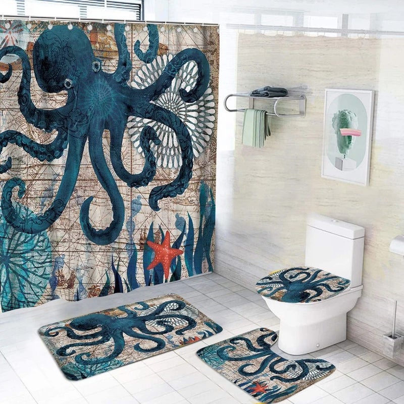 Bluejw 4 Piece Hot Selling Polyester Waterproof  Sea Turtle Design Shower Curtain Set with Rug for Bathroom Hot Sale - Image 2