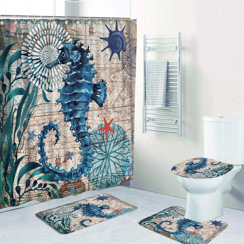 Bluejw 4 Piece Hot Selling Polyester Waterproof  Sea Turtle Design Shower Curtain Set with Rug for Bathroom Hot Sale - Image 4
