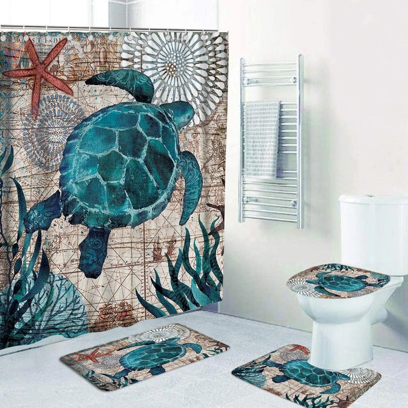 Bluejw 4 Piece Hot Selling Polyester Waterproof  Sea Turtle Design Shower Curtain Set with Rug for Bathroom Hot Sale - Image 3
