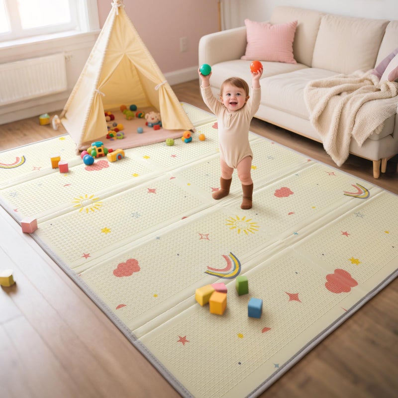 Mallify Extra Large Foldable Play Mat, Reversible Baby Play Mat with Edge Reinforcement, Non-Toxic & Waterproof Baby for Floor, Foam Playmat with Travel Bag, Rainbow, Cloud & Moon, 71"x59" - Image 1