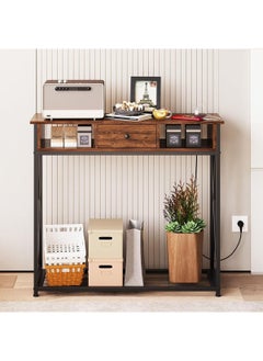 AGD Modern Entryway Coffee Table 100x30x90cm with Storage Shelf and Power Outlet, Side Table for Living Room Sofa, Console Table with Charging Dock and Durable Metal Frame, Brown  - Image 1