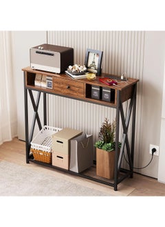 AGD Modern Entryway Coffee Table 100x30x90cm with Storage Shelf and Power Outlet, Side Table for Living Room Sofa, Console Table with Charging Dock and Durable Metal Frame, Brown  - Image 2
