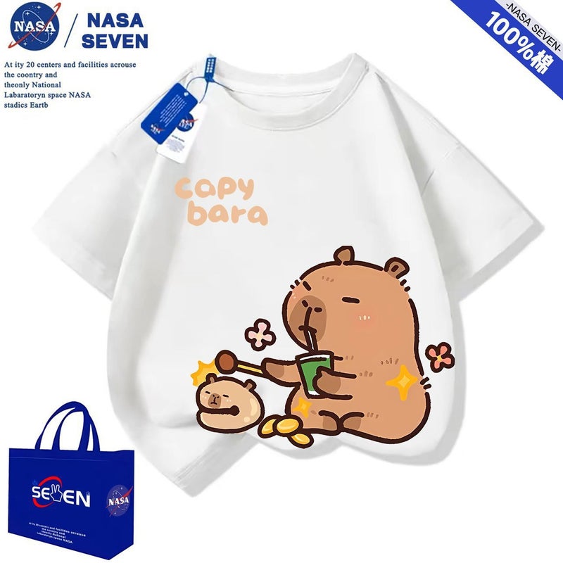 Nasa Cartoon Pure Cotton T-Shirt For Boys And Girls, Fashionable Summer Popular Kapibala Short-Sleeved Super Cute Medium And Large Children'S Tops - Image 1