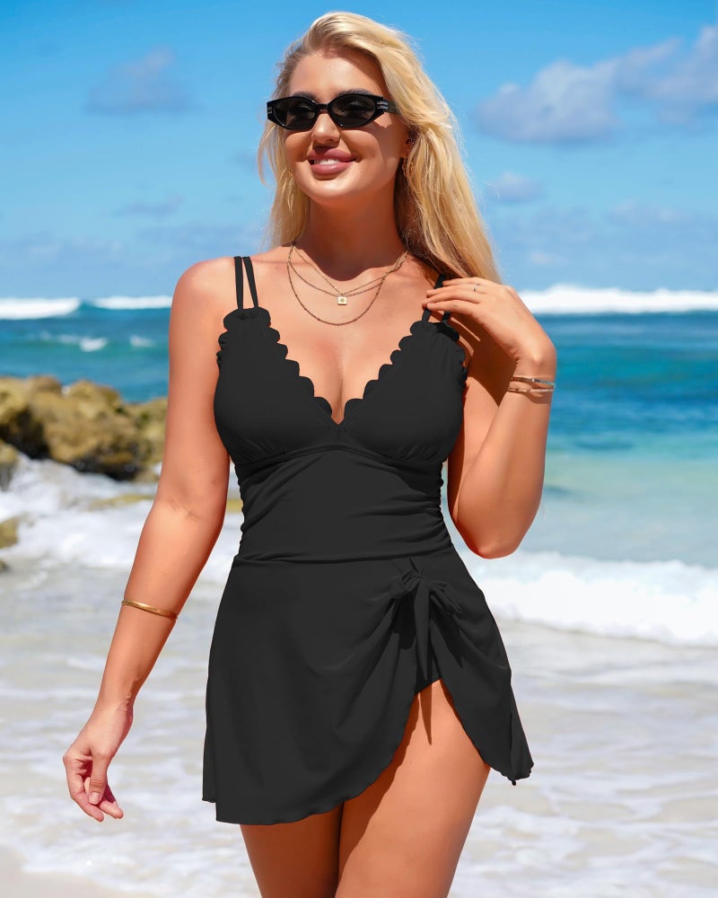 Charmo One Piece Swimdress Swimsuit for Women Tummy Control Swimdress Skirt Bathing Suit Scalloped Swimwear Black M - Image 4