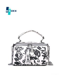 Women's Luxury Handbags, Letter Graffiti Design Tote Bags Shoulder Bag Crossbody Bag for Ladies, Large Capacity PU Leather Carry Bag Sling Bag (Black and White)