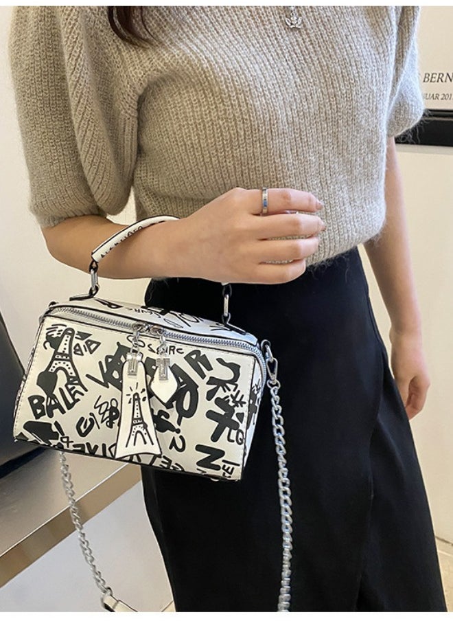 WAOKN - Women's Luxury Handbags, Letter Graffiti Design Tote Bags Shoulder Bag Crossbody Bag for Ladies, Large Capacity PU Leather Carry Bag Sling Bag (Black and White) - Image 1