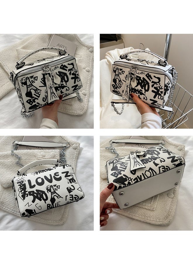 WAOKN - Women's Luxury Handbags, Letter Graffiti Design Tote Bags Shoulder Bag Crossbody Bag for Ladies, Large Capacity PU Leather Carry Bag Sling Bag (Black and White) - Image 1