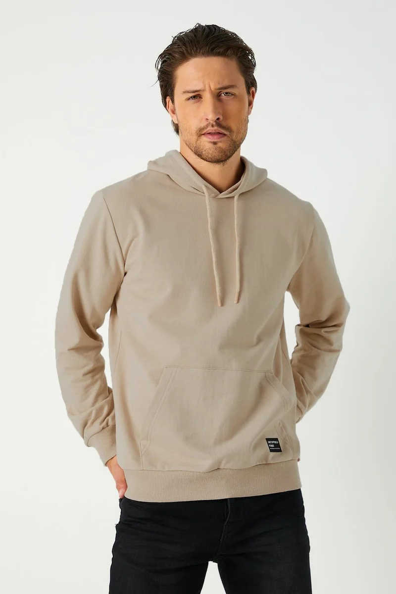 mmetalic Beige Men's Hooded Kangaroo Pocket Sweatshirt