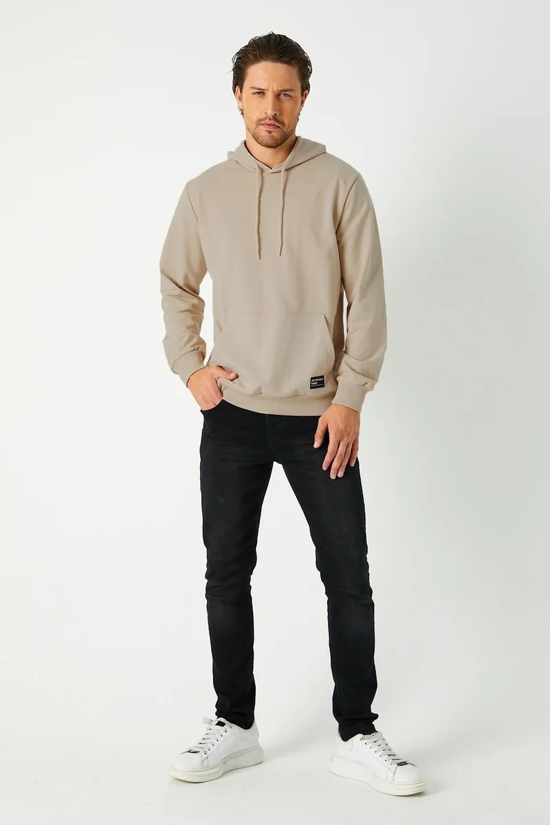 mmetalic Beige Men's Hooded Kangaroo Pocket Sweatshirt