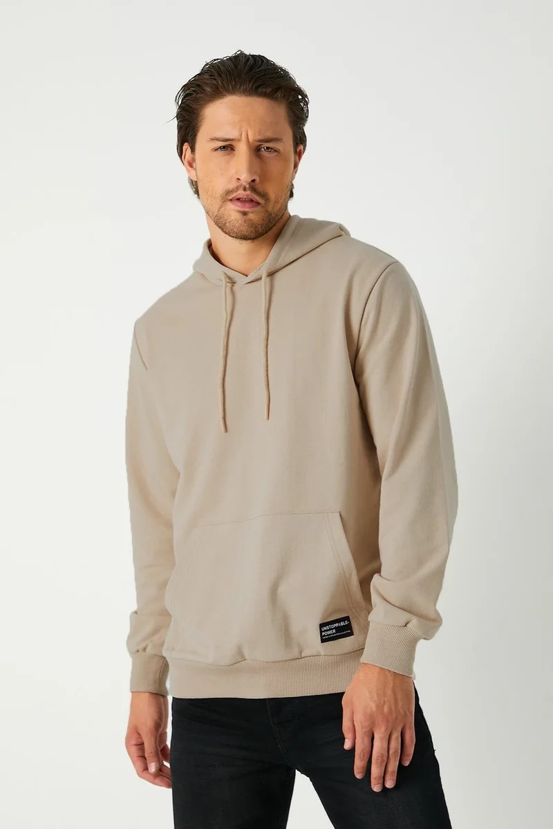 mmetalic Beige Men's Hooded Kangaroo Pocket Sweatshirt
