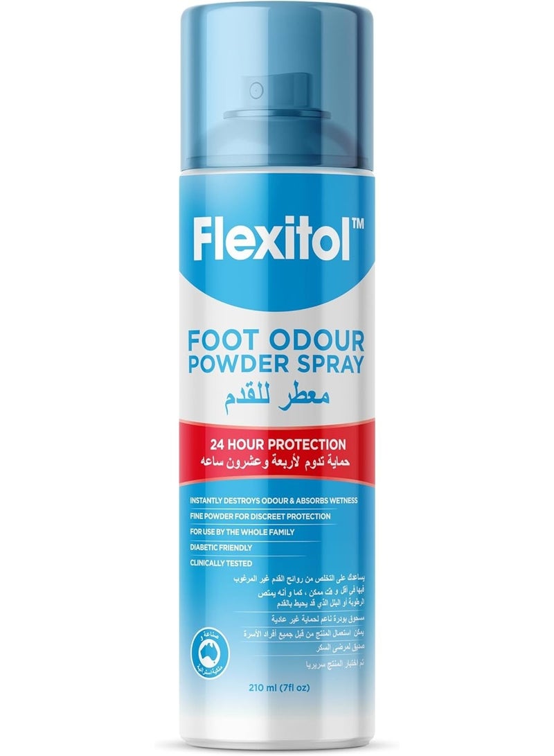 Flexitol Foot Odour Control Powder Spray 24 Hours Protection Absorb Sweat Cool Feet Diabetic Friendly 210 ml - Image 1