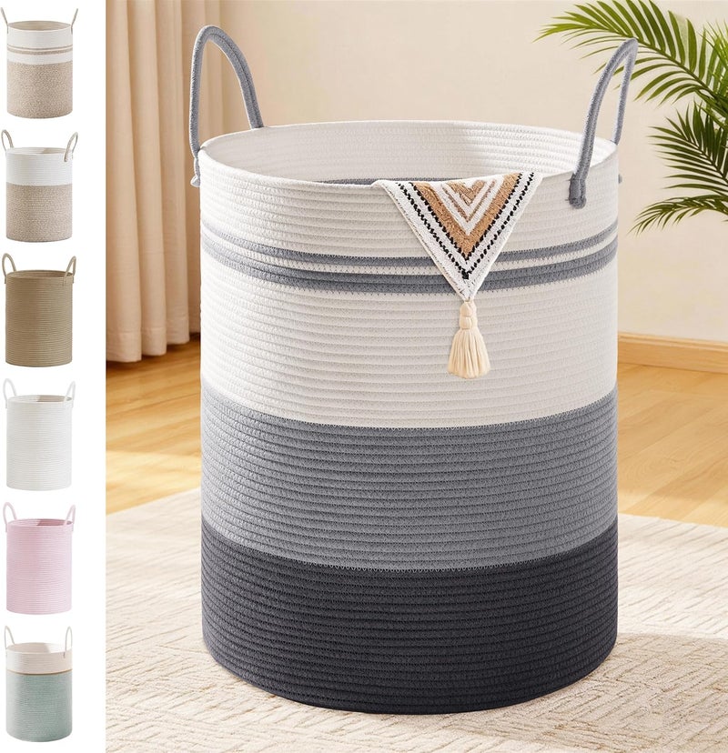 SunNewt Tall Laundry Basket with Handles, 100L Portable Dirty Clothes Hamper, Cotton Rope Storage Bin for Blankets Kids Toys Gifts, Extra Large Organizer for Nursery Bedroom Bathroom, Grey Striped - Image 1