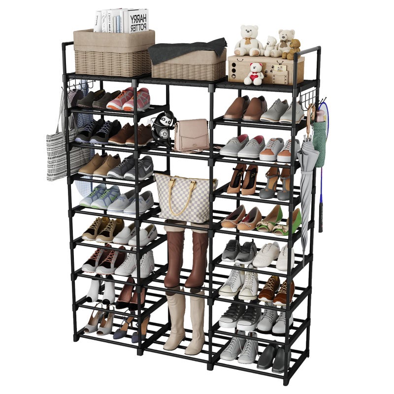 Finew Shoe Rack 9 Tier 3 Row Metal Shoes Storage Organiser Shelf Holds 5055 Pairs Shoe Boots Stackable Stand Shoe Cabinet with Hooks Tall Shoe Tower for Hallway Entryway Space Saving  Black
