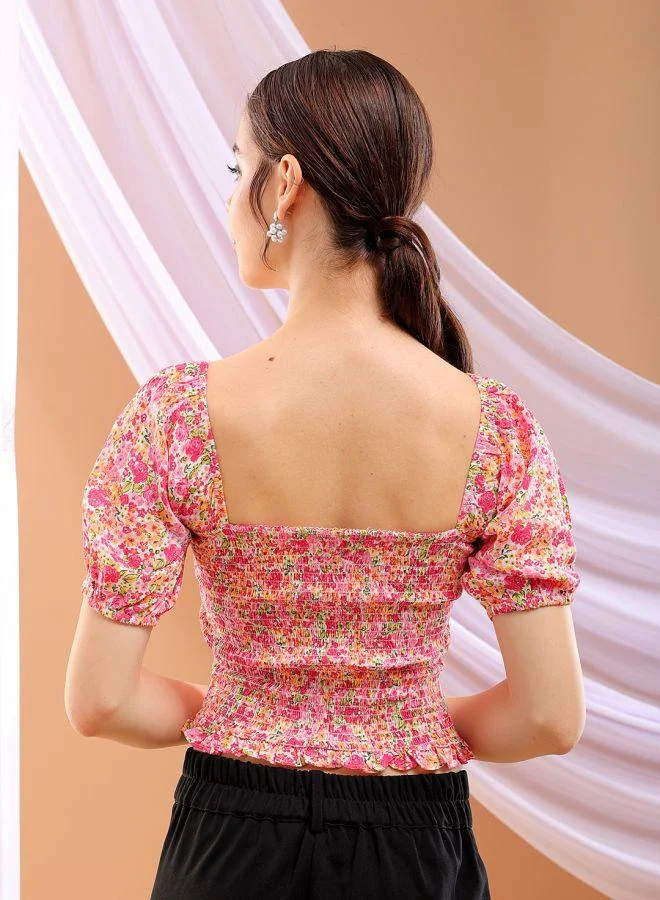 Freehand Women Fitted Casual Floral Print Square Neck Top