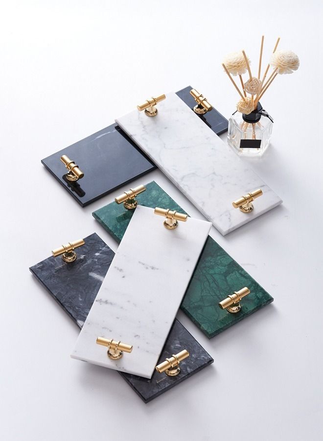 fashionhome صينية رخامية مستطيلة متعددة الاستخدامات مع مقابض معدنية على شكل T - Image 3